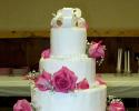 White wedding cake decorated with fresh pink roses 